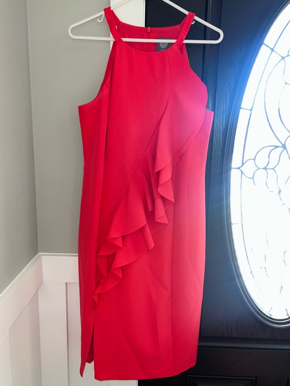 Vince Camuto Red Halter Cascade Ruffle Sheath Dress 12